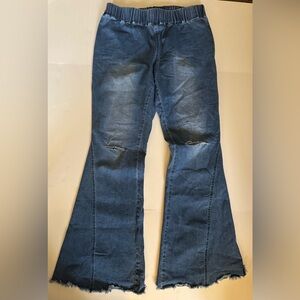 Women’s unbranded flare jeans, stretch fabric, raw hem, size XL, medium wash